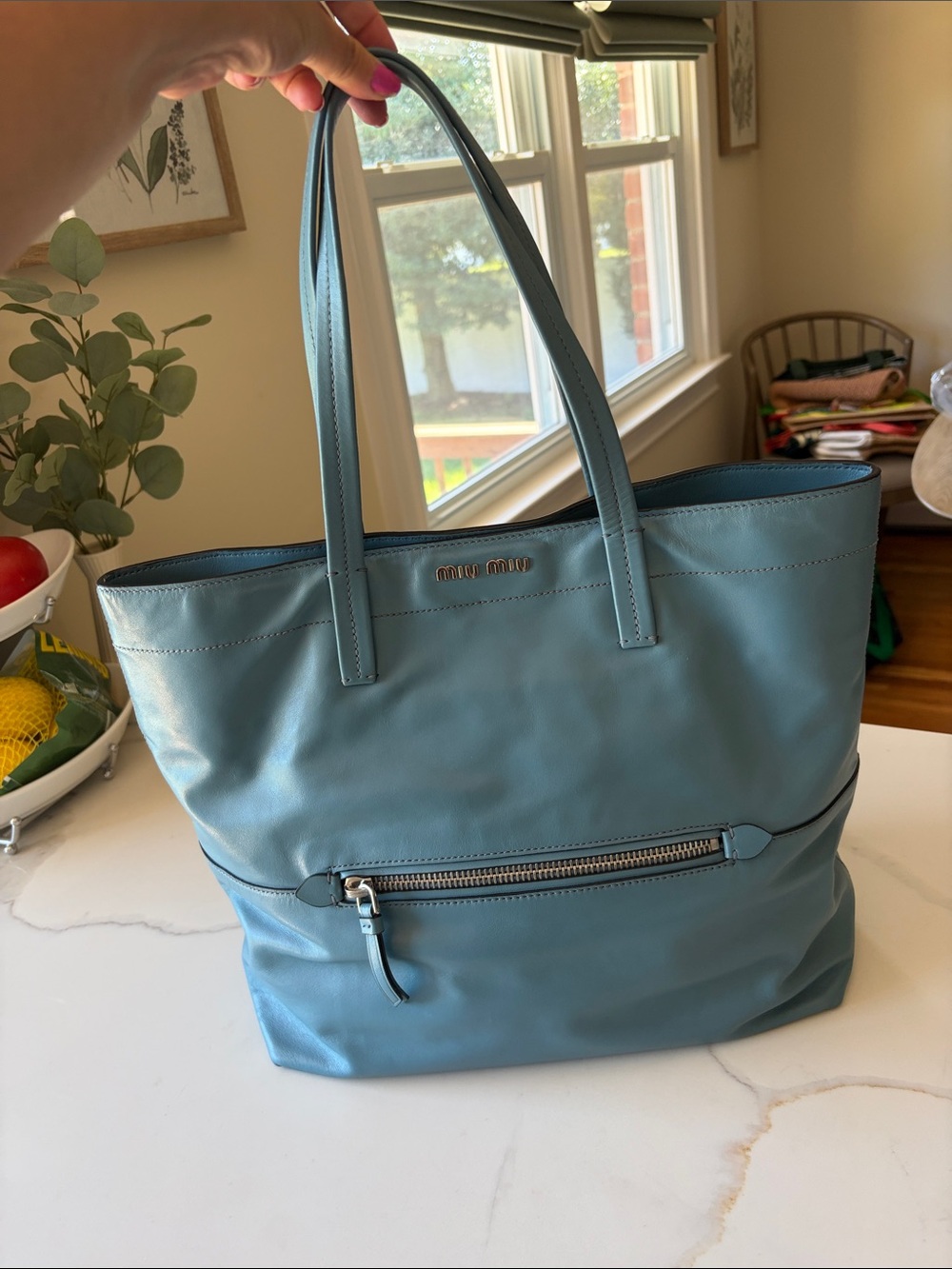 Miu Miu Dusty Blue Leather Tote